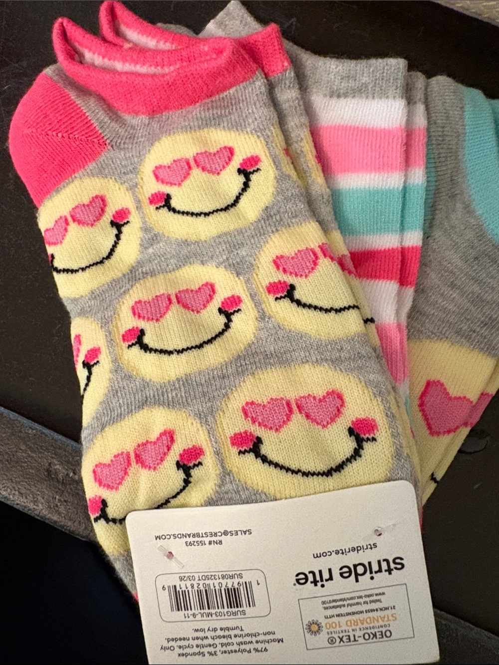 Stride Rite Smiley Face Pink &  Gray No-Show Socks Pink Heart-Eye Emoji 3 pairs